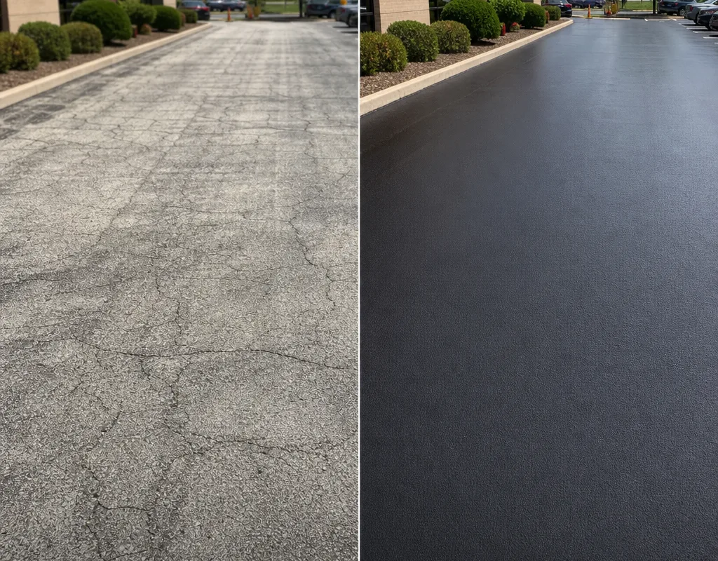 Before-and-after comparison of oxidized Cleveland retail asphalt and the newly sealed surface after crack treatment