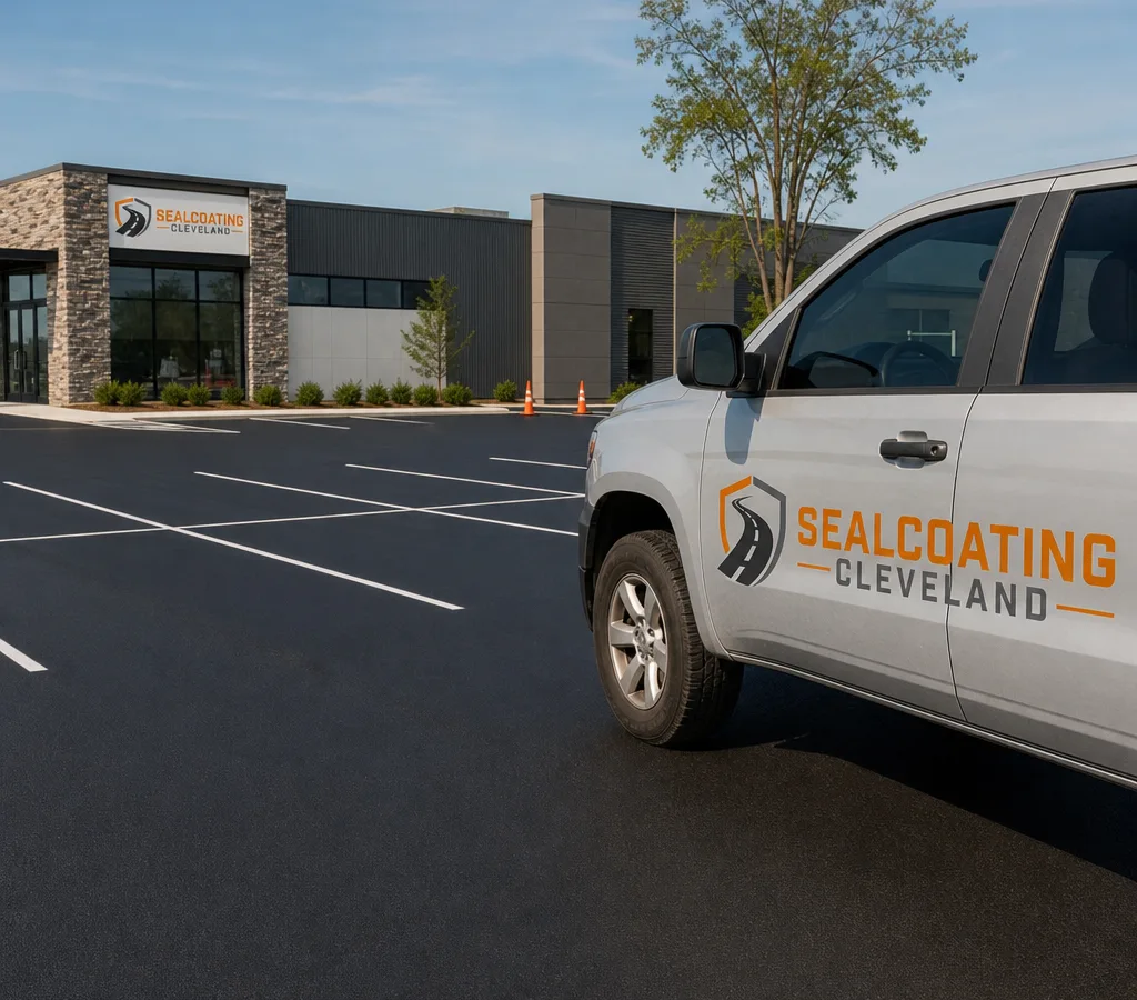 Freshly sealcoated commercial parking lot in Cleveland with crisp striping and a satin-black finish while the surface cures