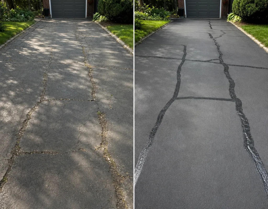Before-and-after Cleveland driveway showing open dirt-filled cracks and the same area after clean continuous crack sealing