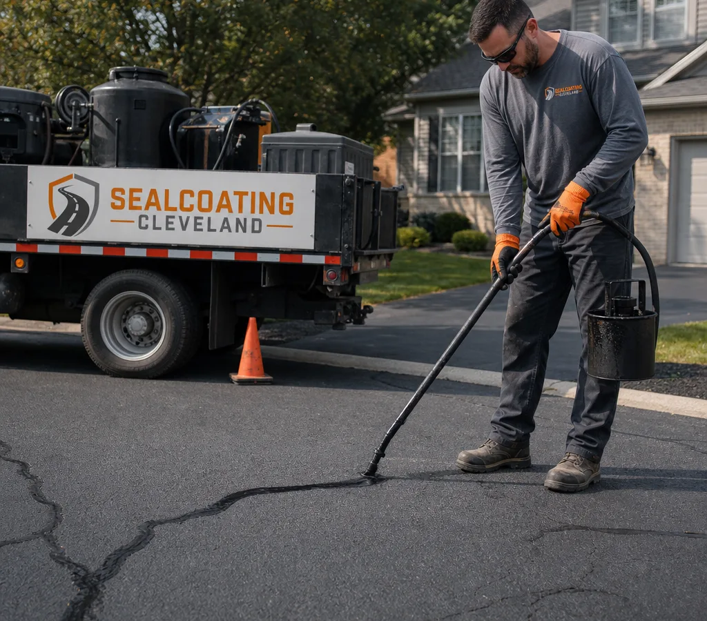 Contractor applying hot rubberized crack sealant into cleaned asphalt cracks on a Cleveland driveway with preparation tools nearby