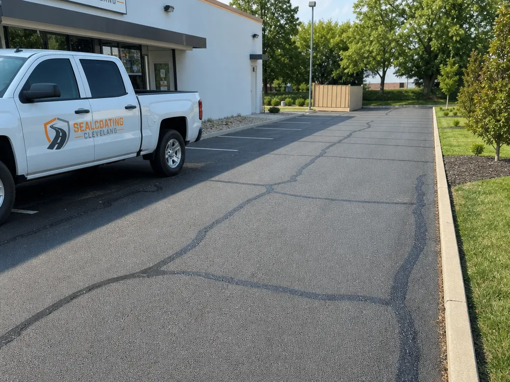 Finished commercial lot lane with neat crack-seal overbanding along transverse cracks near a curb line