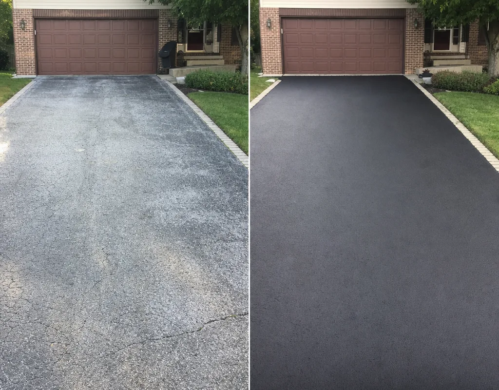 Before and after of a Cleveland driveway restored from faded gray asphalt to a uniform dark finish