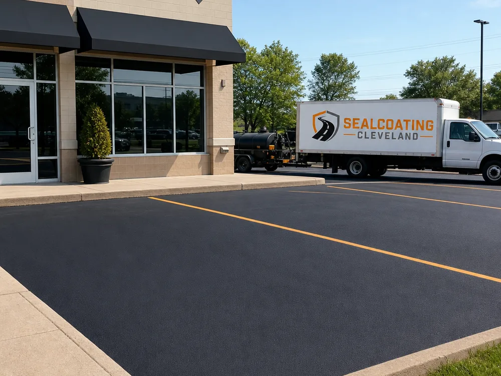 Freshly sealed small parking area with smooth coverage and clean curb borders