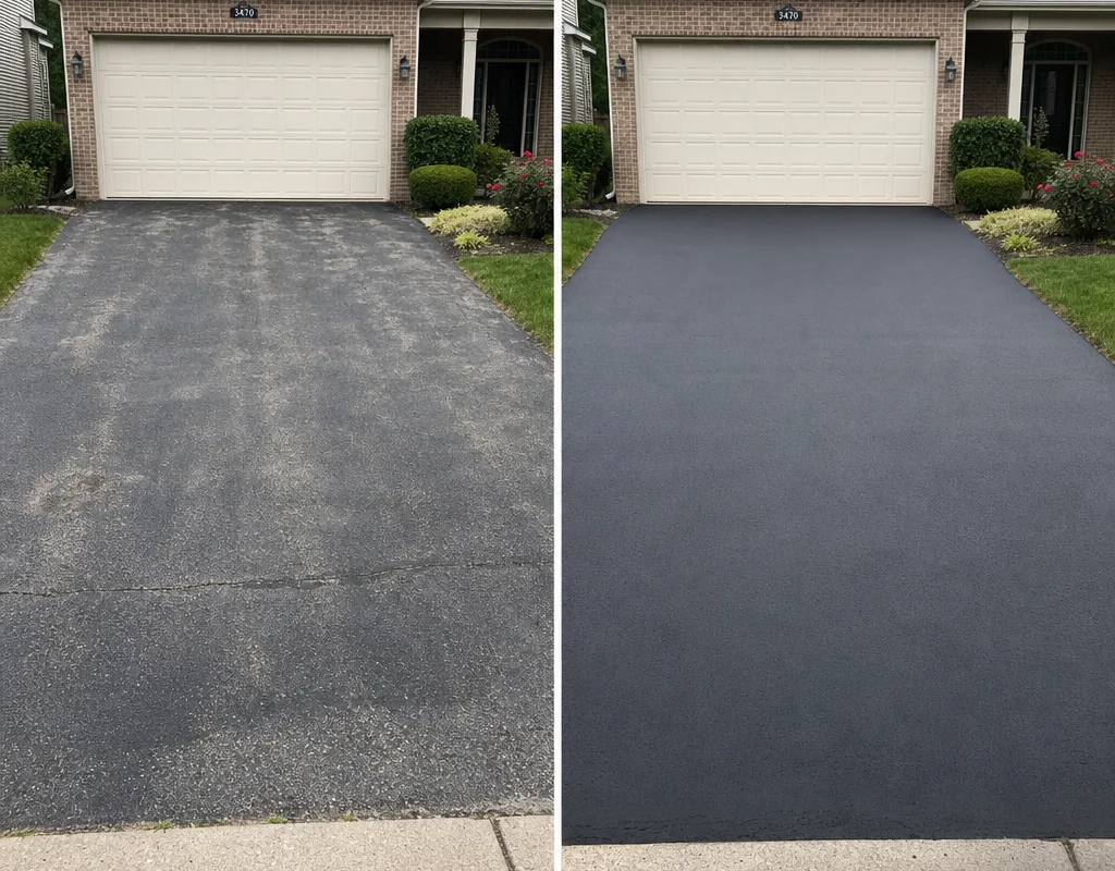 Before-and-after view of a faded Cleveland driveway restored to a uniform dark finish