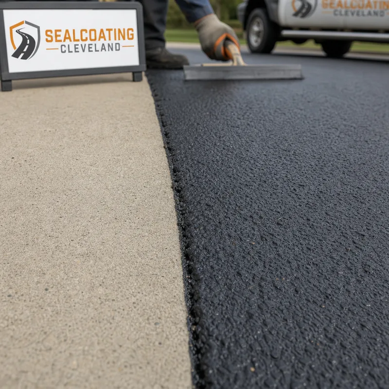 Close-up of a crisp sealcoat edge where asphalt meets a concrete sidewalk