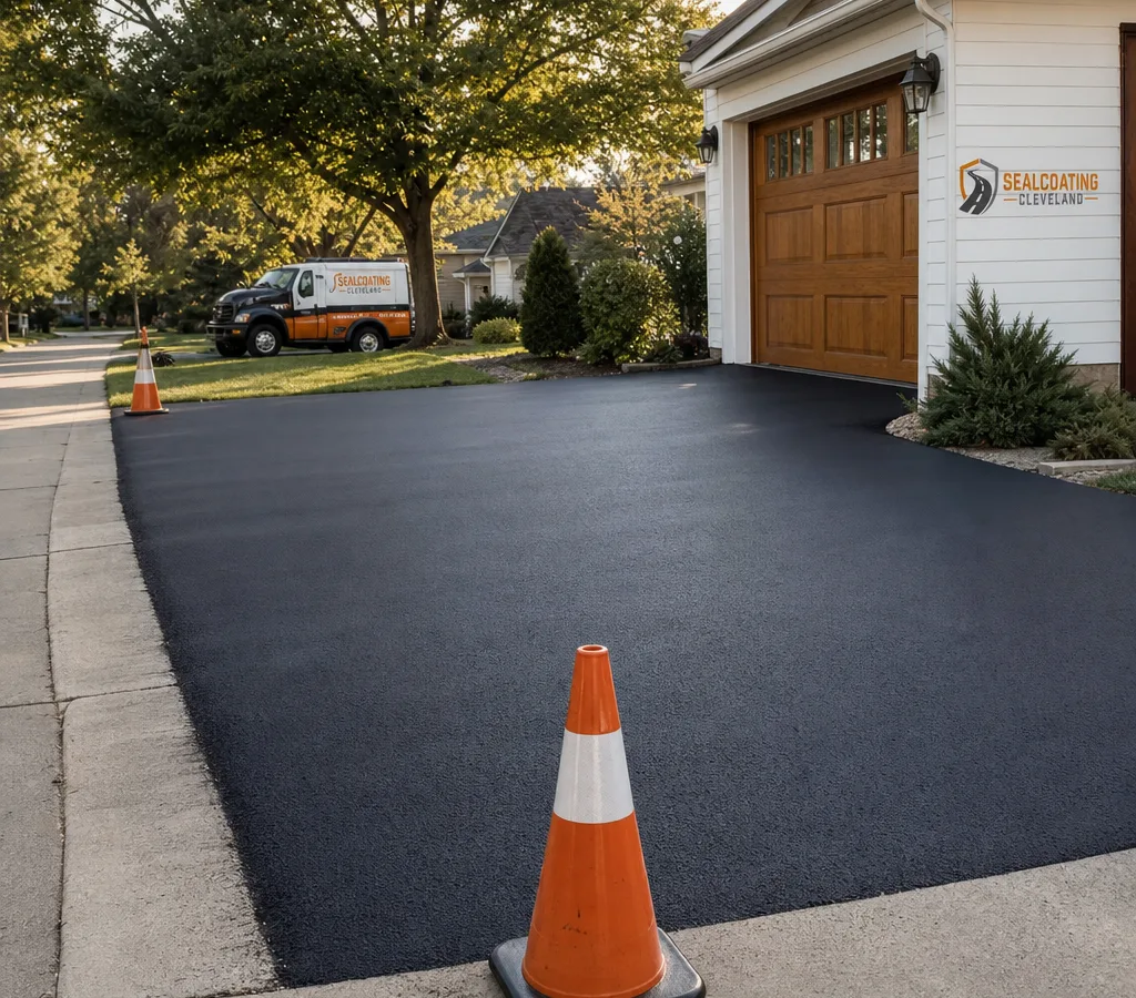 Freshly sealcoated Cleveland driveway with crisp edges, morning light, and cones protecting the curing surface