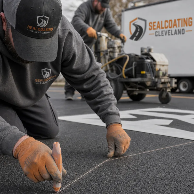 Striping crew measuring and snapping a chalk line before painting with a striping machine and arrow stencils nearby